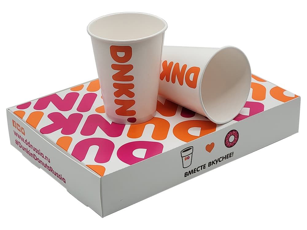Комплект: бумажные стаканчики и упаковка под пончики Dunkin Donuts